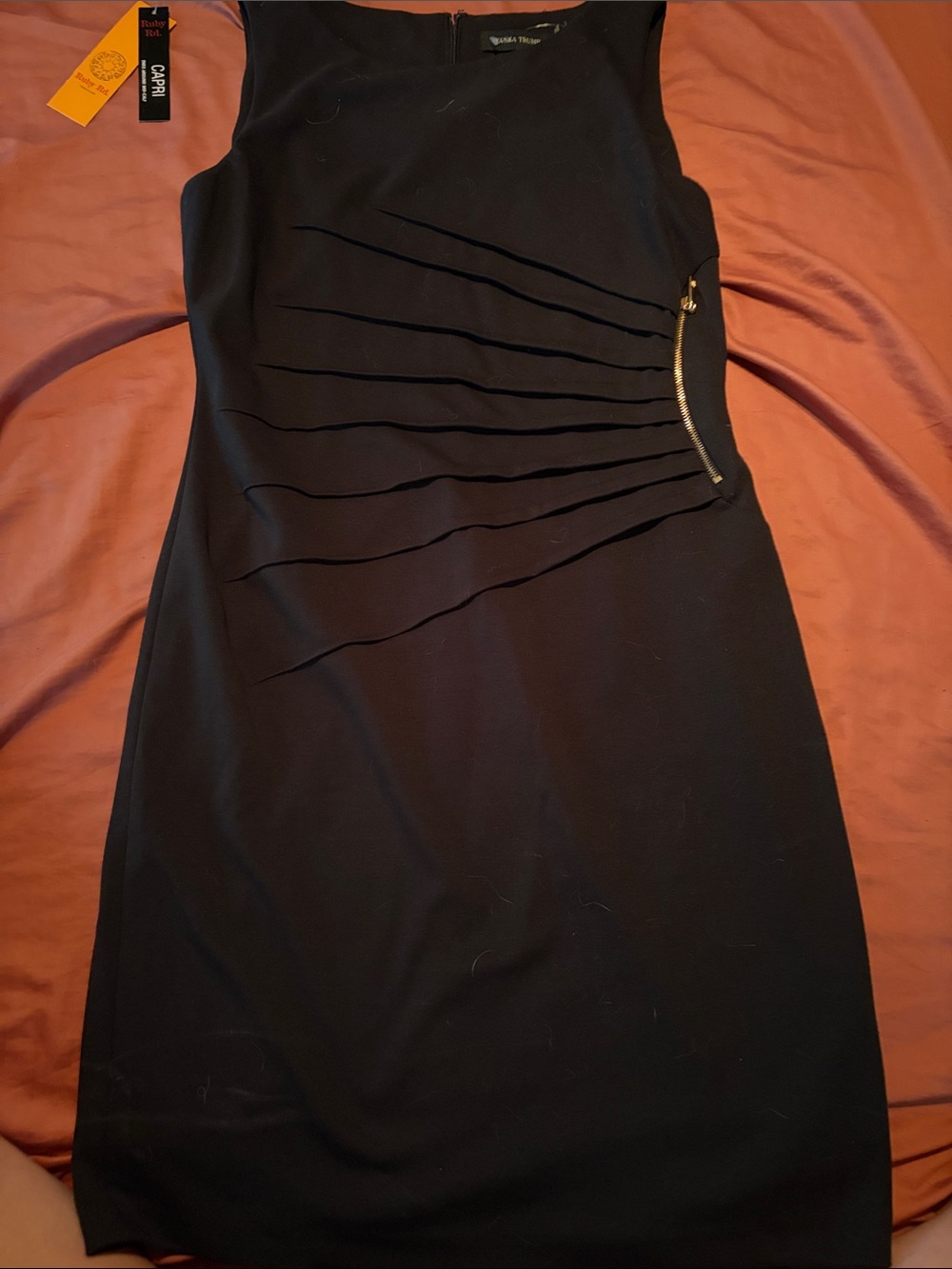 Ivanka Trump Black Sleeveless Midi Dress with Gold Zip Detail